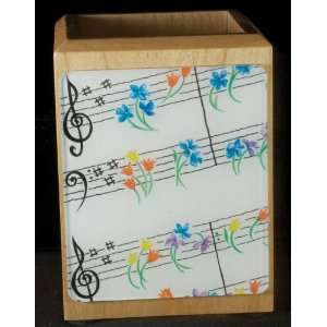   Basement Designs Wood Pencil Cup   Flower Notes Musical Instruments