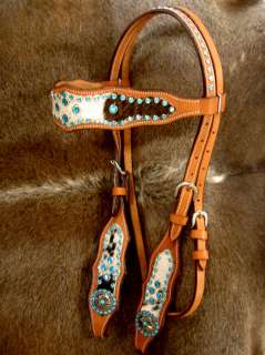 BRIDLE WESTERN LEATHER HEADSTALL TACK TURQUOISE CONCHOS BARREL HAIR ON 