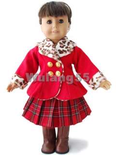 Red wool coat&plaid skirt suit fits 18 American girl  