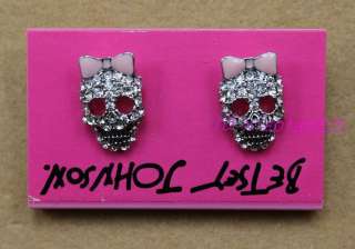 Betsey Johnson Silver Crystal Skull Necklaces Earrings Ring  