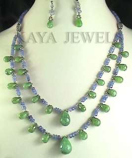   TANZANITE & EMERALD FACETED BRIOLETTE BEADS NECKLACE W/ EARRINGS