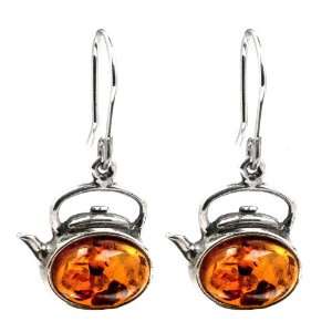 Honey Color Amber Sterling Silver Tea Kettle Earrings Cabochon Size 