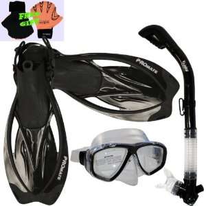 Snorkeling Scuba Dive Mask Fins Dry Snorkel Gear Set, Black  M XL (8 