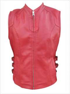 Motorcycle Ladies Customize Red Real Leather Vest With Front Silver 