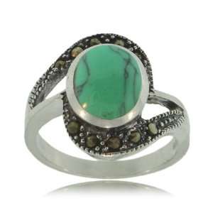 Turquoise Ring Sterling Silver W/ Marcasite Oval Bypass