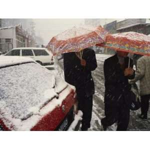  Muslim Uygur People Walk Through the Snow under Umbrellas 